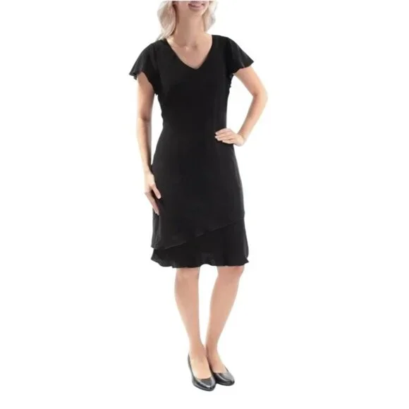 S.L. Fashions Womens Elegant Black Size 8 Petite V-Neck Layered Hem Dress Party - Picture 1 of 12